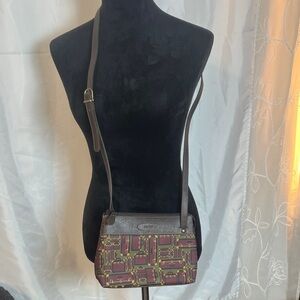 Esprit Crossbody Bag in Brown, Burgundy, and Hunter green luggage print